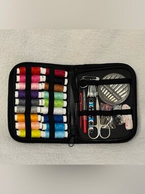Portable Black Sewing Kit with Multicolor Threads
